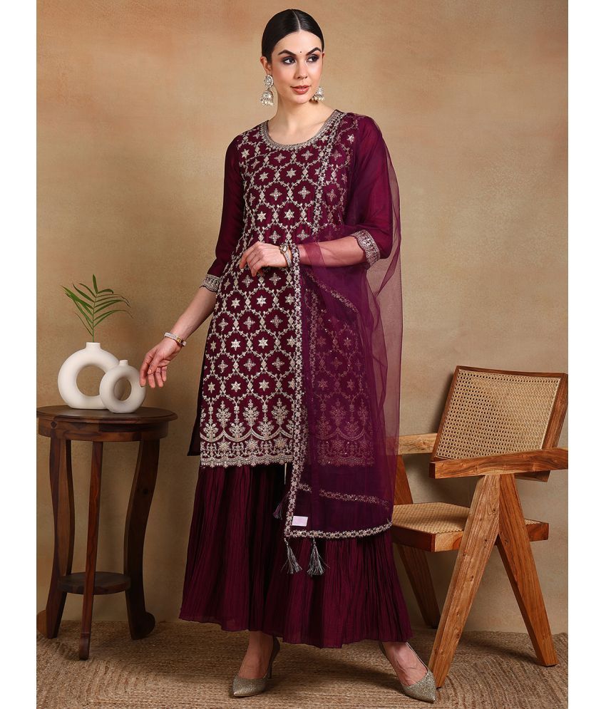     			Vaamsi Silk Blend Embellished Kurti With Sharara And Gharara Women's Stitched Salwar Suit - Burgundy ( Pack of 1 )