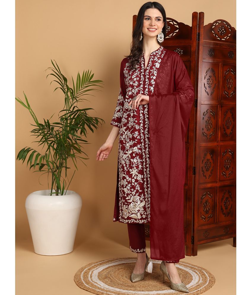     			Vaamsi Silk Blend Embroidered Kurti With Pants Women's Stitched Salwar Suit - Maroon ( Pack of 1 )