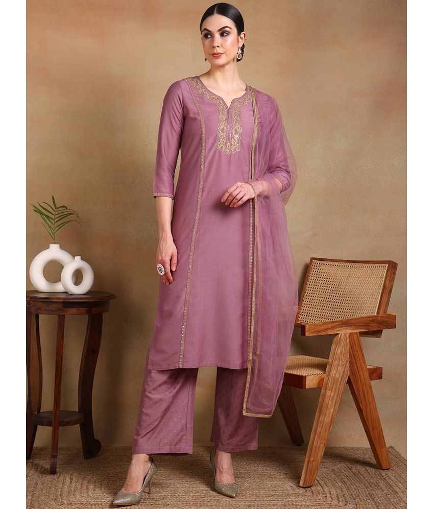     			Vaamsi Silk Blend Embroidered Kurti With Palazzo Women's Stitched Salwar Suit - Mauve ( Pack of 1 )