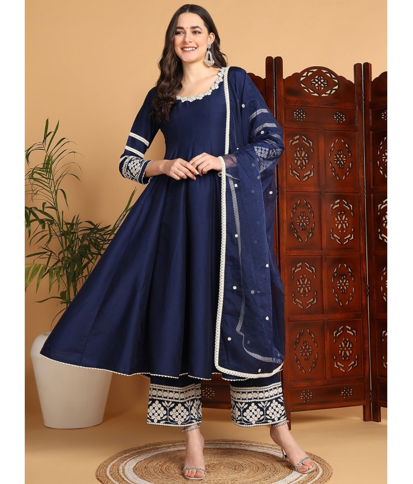     			Vaamsi Silk Blend Embroidered Kurti With Palazzo Women's Stitched Salwar Suit - Navy Blue ( Pack of 1 )