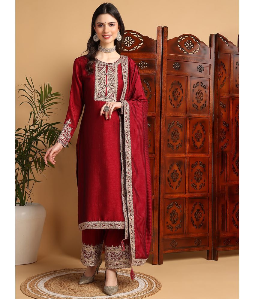     			Vaamsi Silk Blend Embroidered Kurti With Palazzo Women's Stitched Salwar Suit - Maroon ( Pack of 1 )