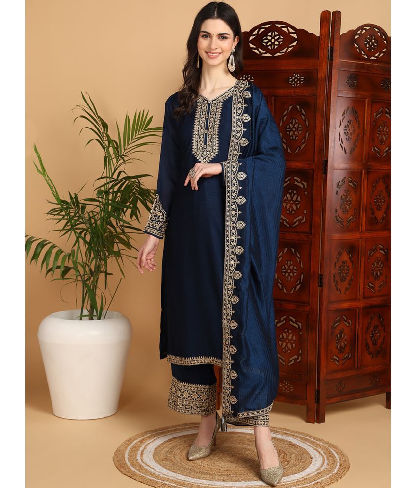     			Vaamsi Silk Blend Embroidered Kurti With Palazzo Women's Stitched Salwar Suit - Navy Blue ( Pack of 1 )