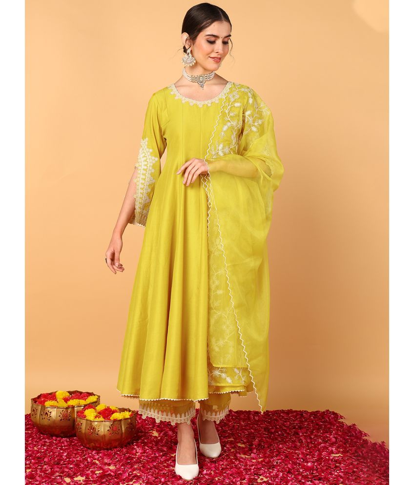     			Vaamsi Silk Blend Embroidered Kurti With Palazzo Women's Stitched Salwar Suit - Yellow ( Pack of 1 )