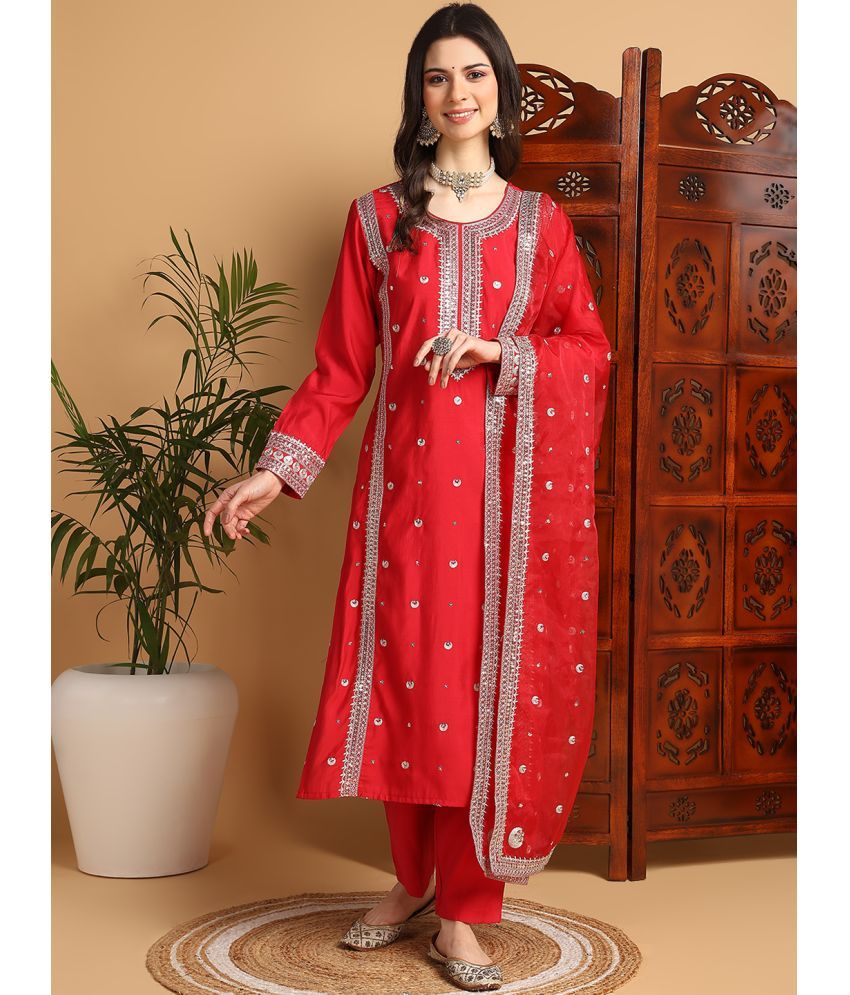     			Vaamsi Silk Blend Embroidered Kurti With Pants Women's Stitched Salwar Suit - Red ( Pack of 1 )