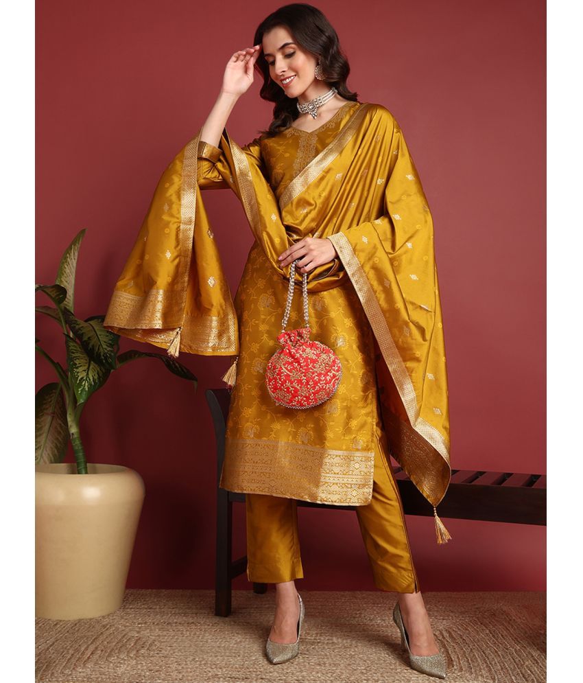     			Vaamsi Silk Blend Self Design Kurti With Pants Women's Stitched Salwar Suit - Mustard ( Pack of 1 )