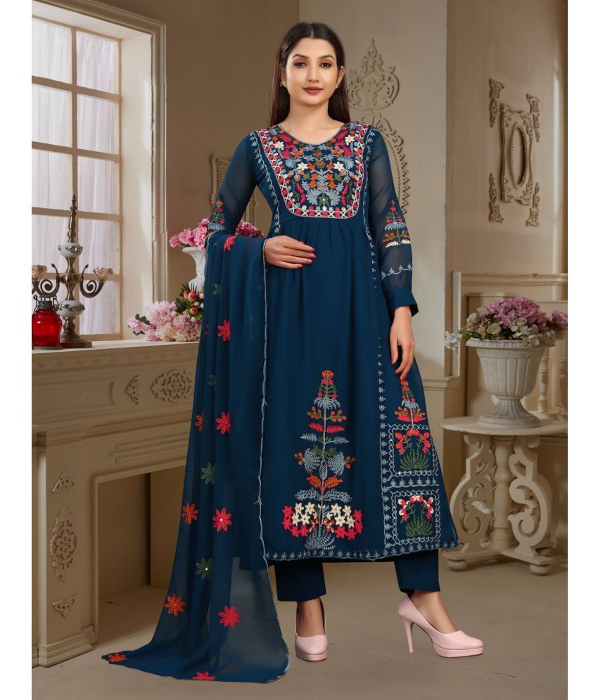     			shankhpushpi Georgette Embroidered Kurti With Pants Women's Stitched Salwar Suit - Blue ( Pack of 1 )