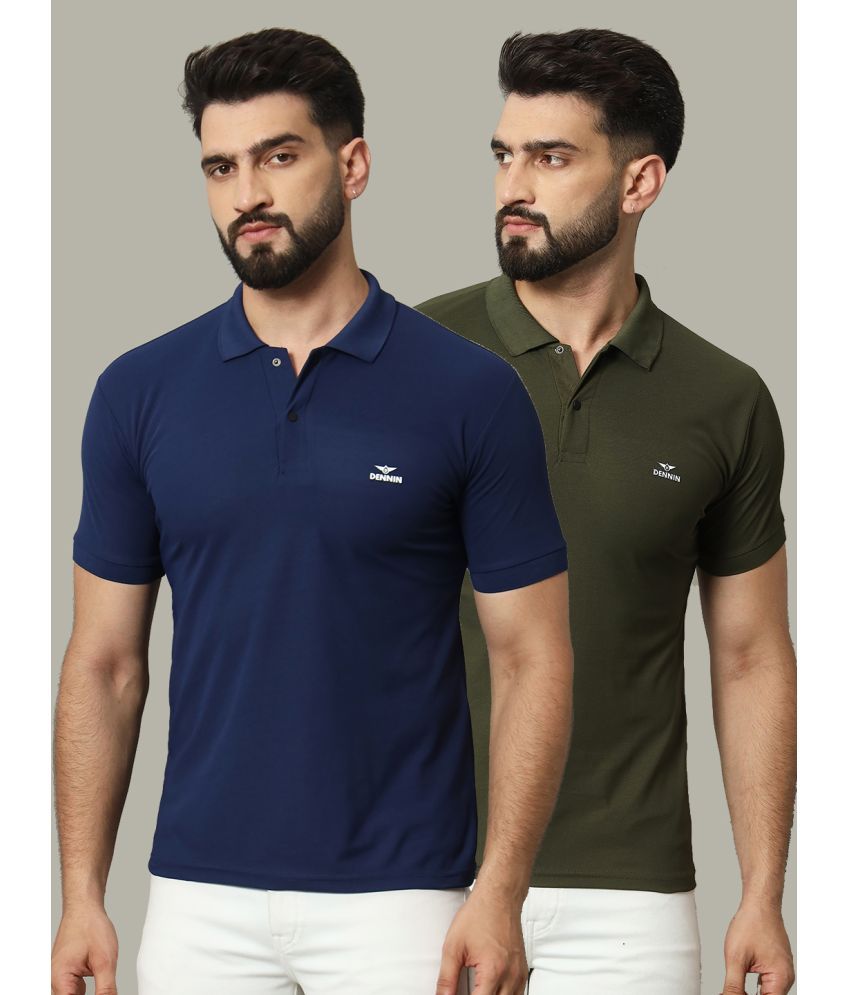     			DENNIN Cotton Blend Regular Fit Solid Half Sleeves Men's Polo T Shirt - Navy Blue ( Pack of 2 )