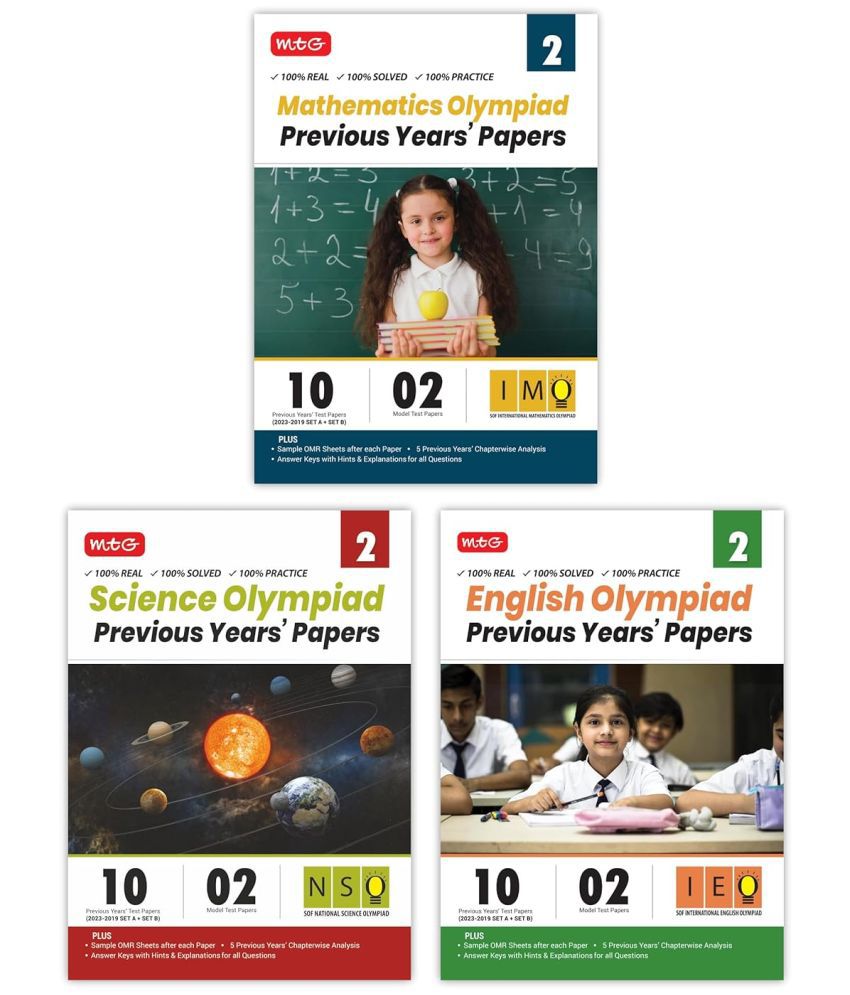     			MTG IMO-NSO-IEO Class-2 Olympiad Previous Years Papers (2023-2019 Set A & B) Mathematics, Science & English (Set of 3 Books) | Mock Test Papers with Sample OMR Sheet For 2024-25 Exam