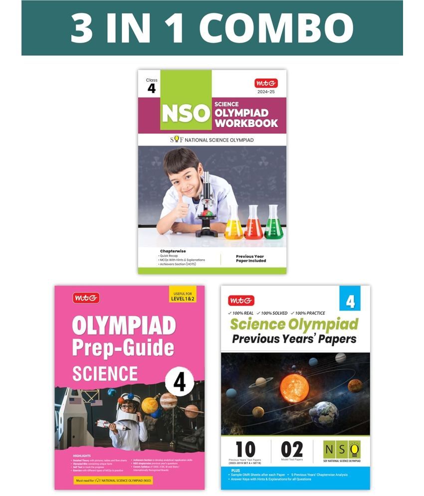     			MTG National Science Olympiad (NSO) Workbook, Prep-Guide & Previous Years Papers (PYQs) with Mock Test Paper Class 4 - SOF Olympiad Books For 2024-25 Exam (Set of 3 Books)