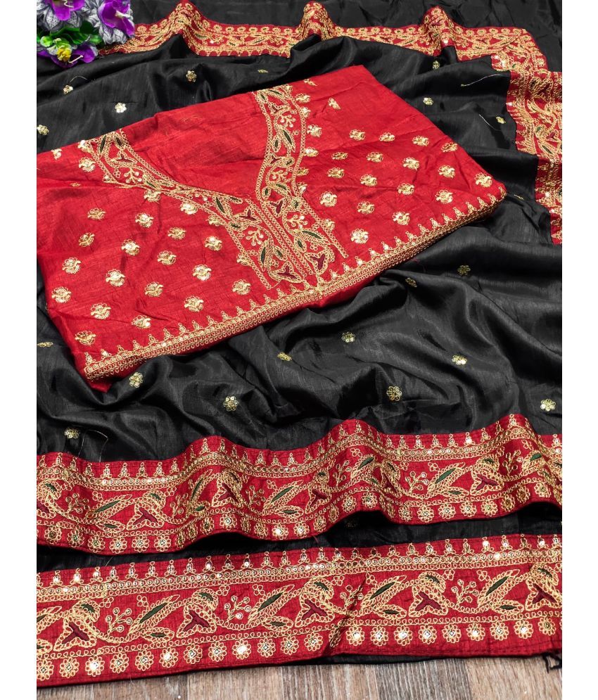     			Poshvariety Silk Embroidered Saree With Blouse Piece - Black ( Pack of 1 )