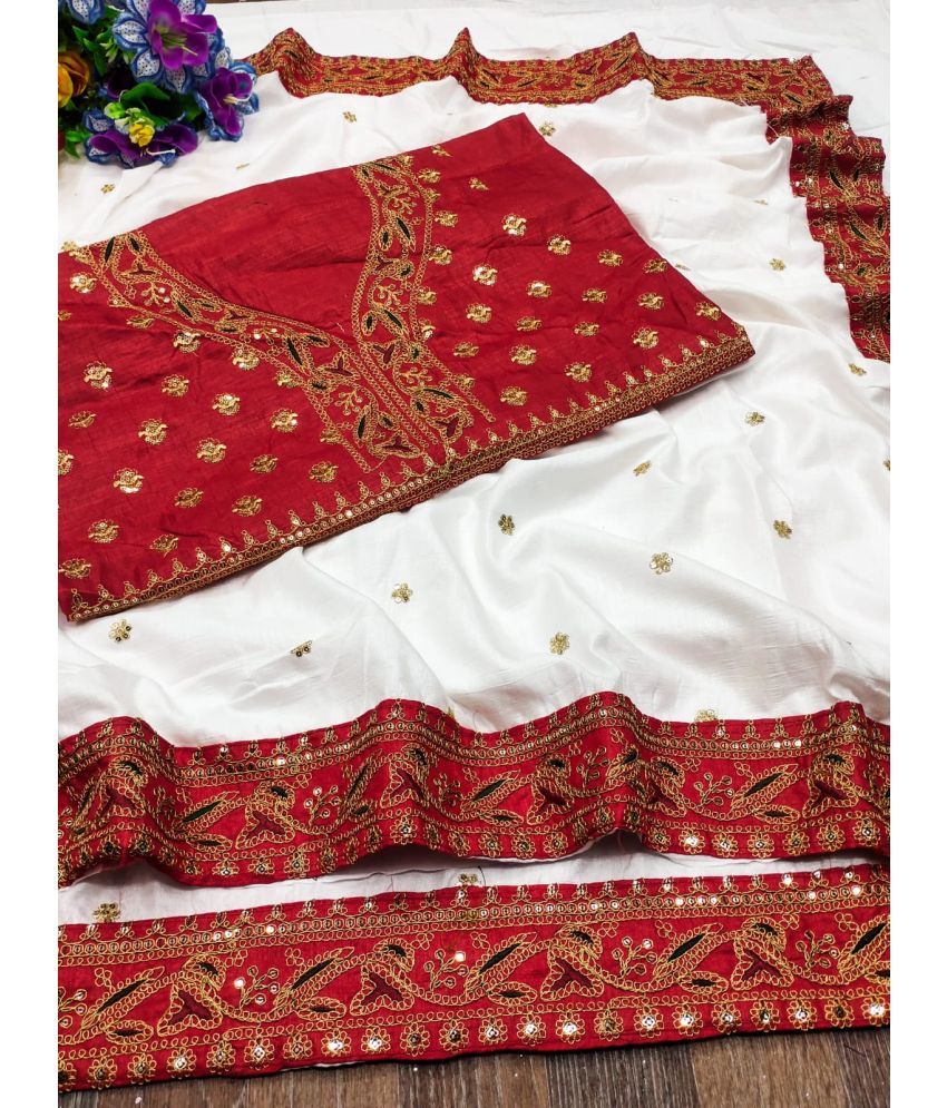     			Poshvariety Silk Embroidered Saree With Blouse Piece - White ( Pack of 1 )