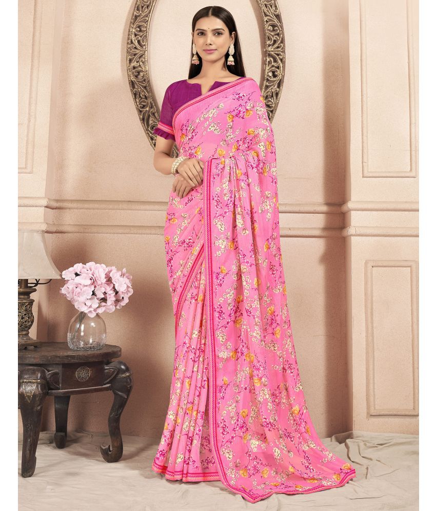     			Samah Chiffon Printed Saree With Blouse Piece - Pink ( Pack of 1 )