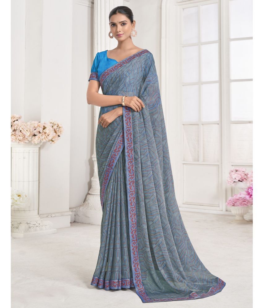     			Samah Chiffon Printed Saree With Blouse Piece - Blue ( Pack of 1 )