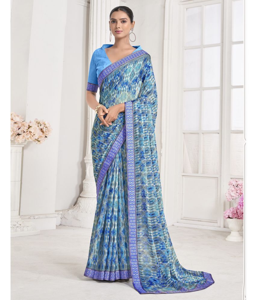     			Samah Chiffon Printed Saree With Blouse Piece - Blue ( Pack of 1 )