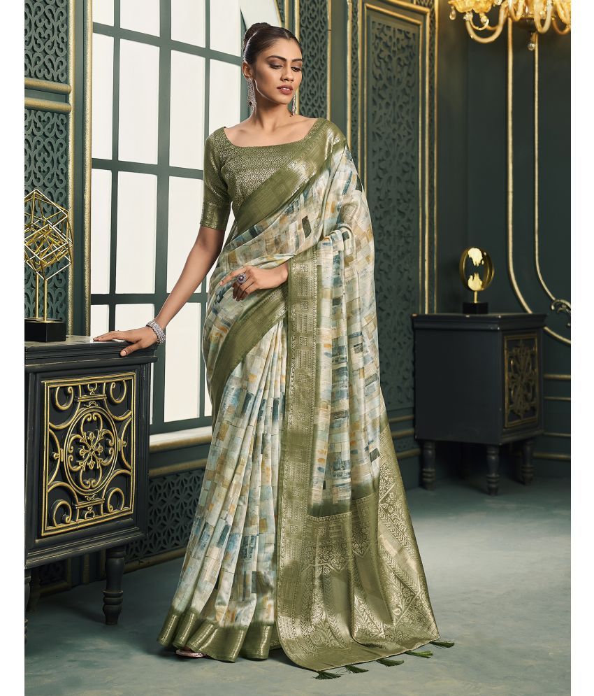     			Samah Cotton Blend Printed Saree With Blouse Piece - Olive ( Pack of 1 )