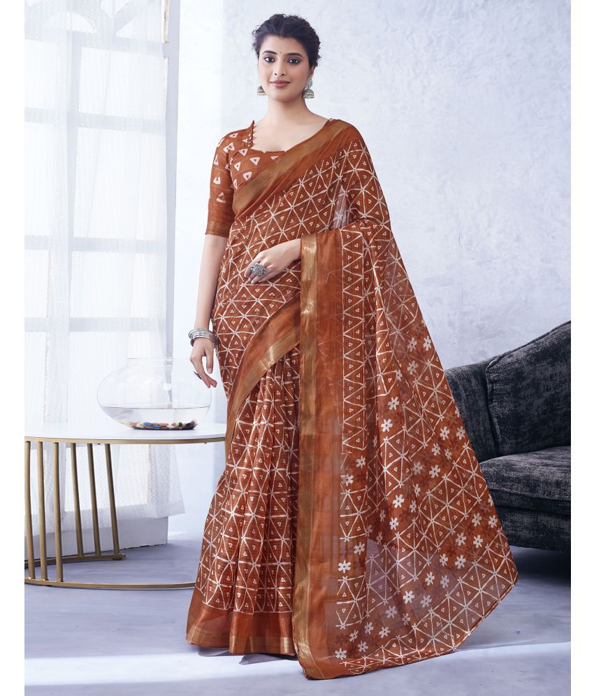     			Samah Cotton Blend Printed Saree With Blouse Piece - Rust ( Pack of 1 )
