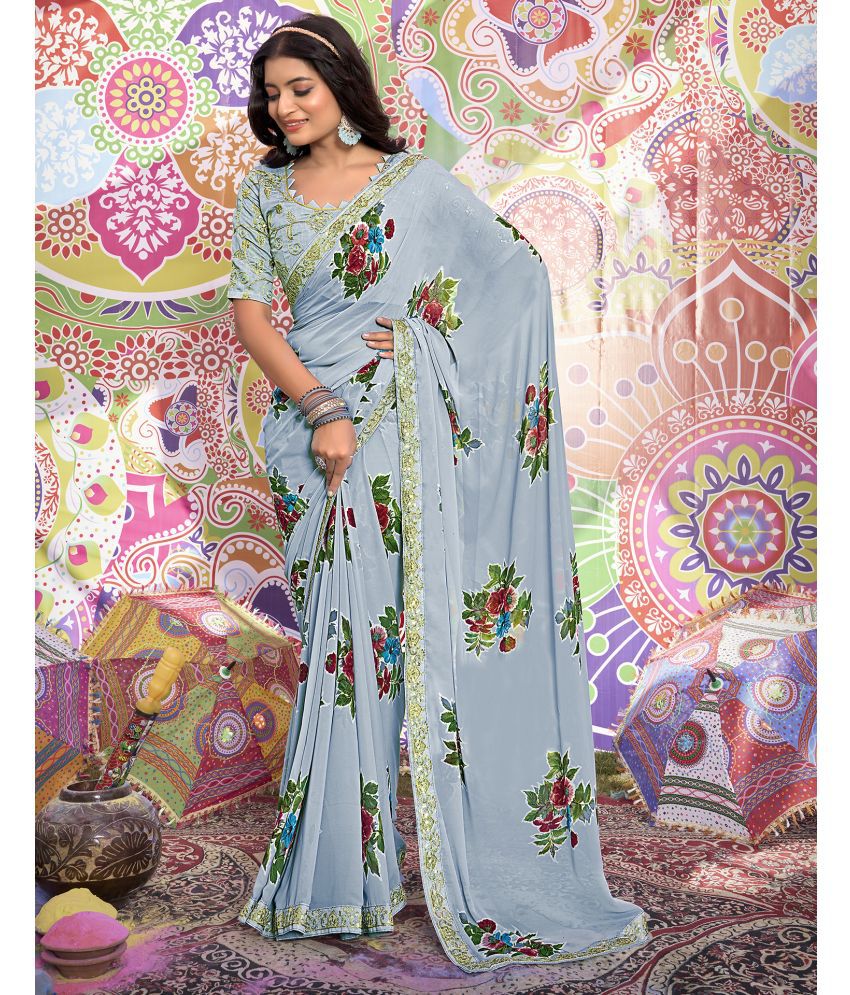     			Samah Georgette Printed Saree With Blouse Piece - Grey ( Pack of 1 )