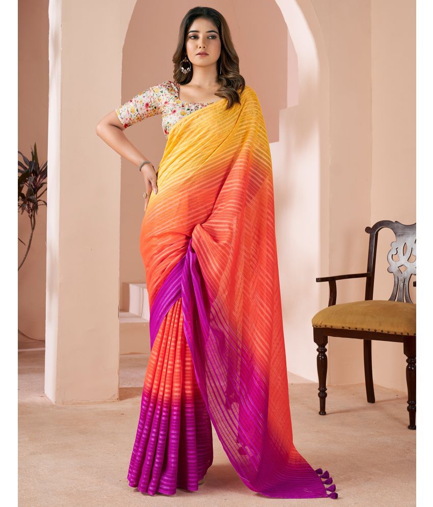     			Samah Linen Striped Saree With Blouse Piece - Peach ( Pack of 1 )