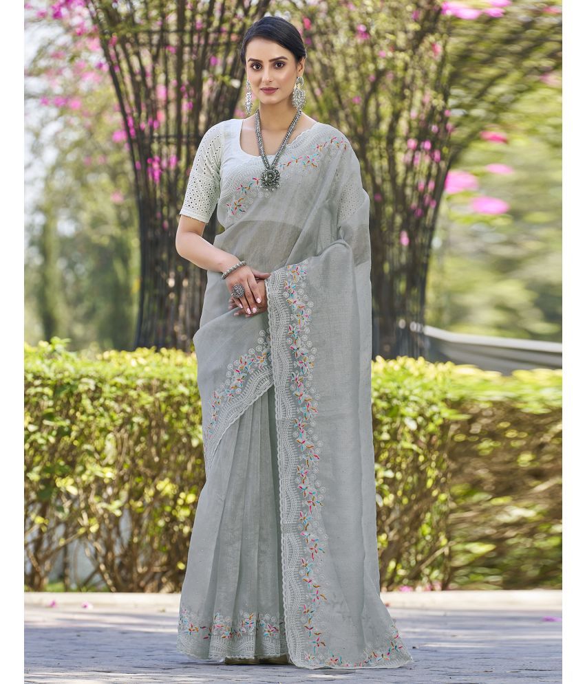     			Samah Organza Embroidered Saree With Blouse Piece - Light Grey ( Pack of 1 )