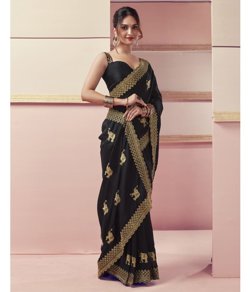     			Samah Silk Blend Embroidered Saree With Blouse Piece - Black ( Pack of 1 )