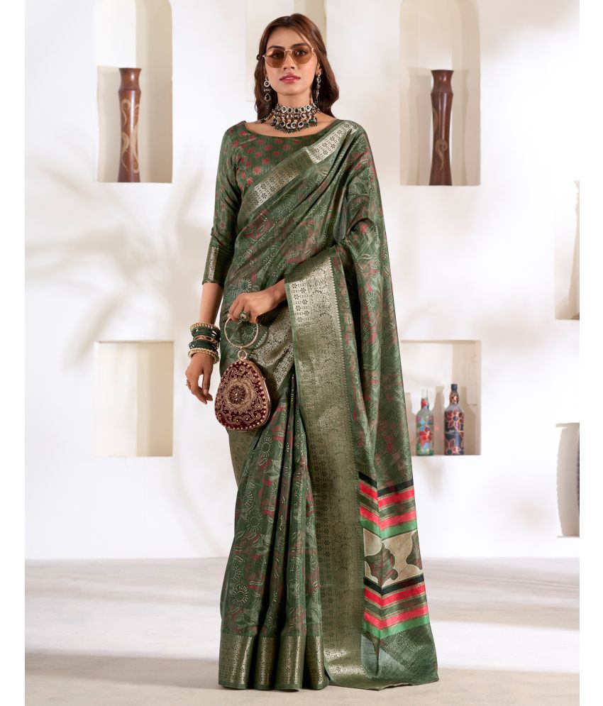     			Samah Silk Printed Saree With Blouse Piece - Olive ( Pack of 1 )