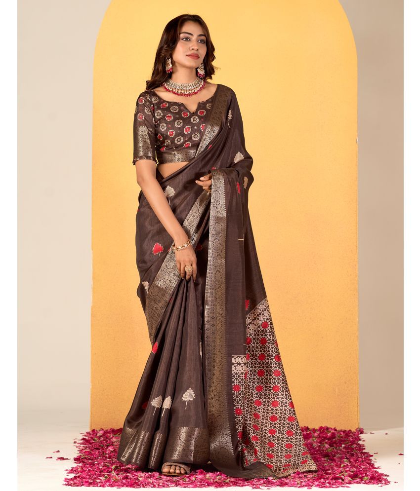     			Samah Silk Printed Saree With Blouse Piece - Brown ( Pack of 1 )