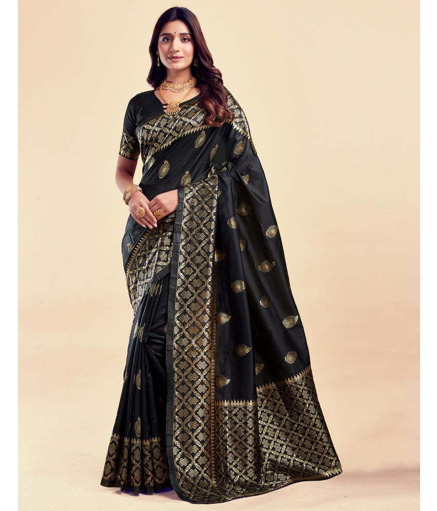     			Samah Silk Woven Saree With Blouse Piece - Black ( Pack of 1 )