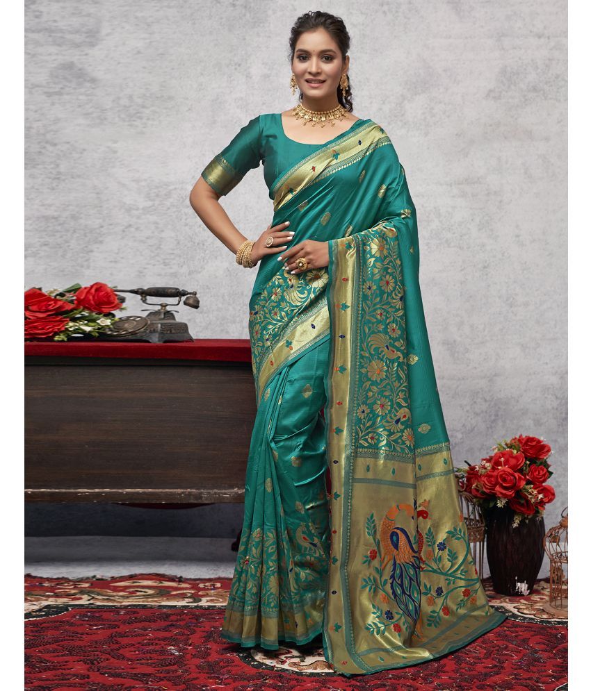     			Samah Silk woven Saree With Blouse Piece - Teal ( Pack of 1 )