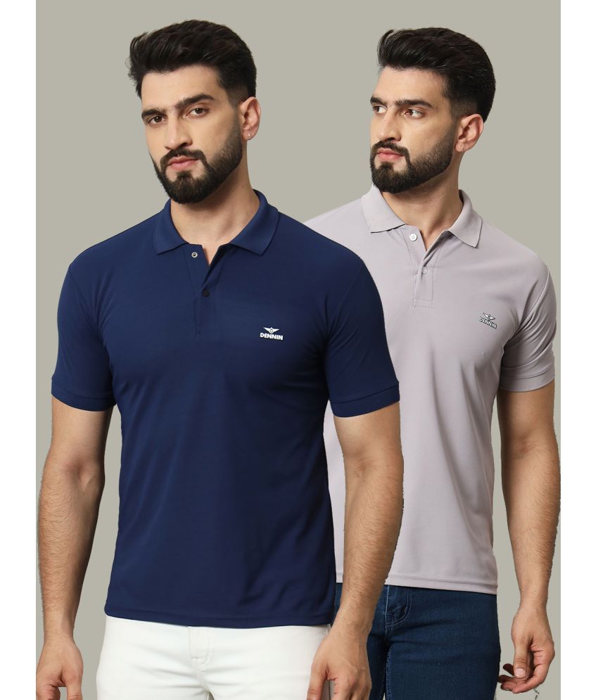     			DENNIN Cotton Blend Regular Fit Solid Half Sleeves Men's Polo T Shirt - Navy Blue ( Pack of 2 )