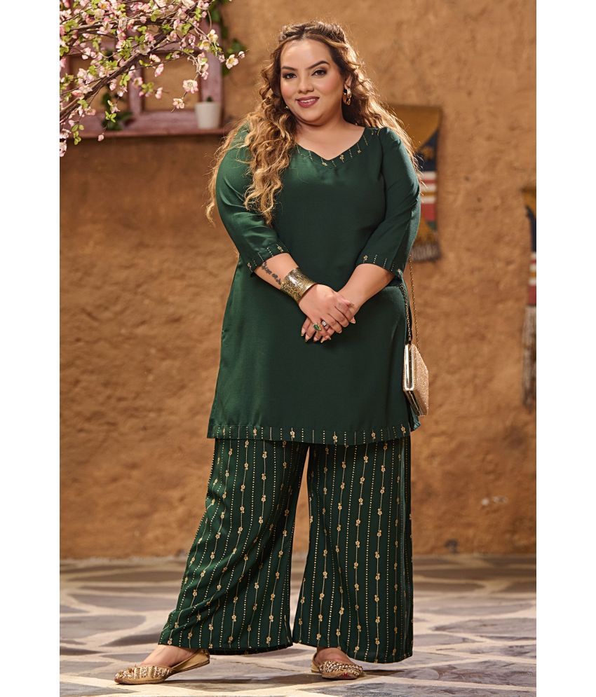     			PrettyPlus by Desinoor.com Green Solid Palazzo Top Set