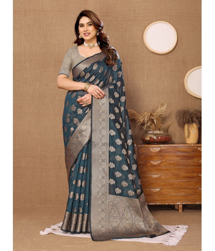     			Rangita Organza Woven Saree With Blouse Piece - Teal ( Pack of 1 )