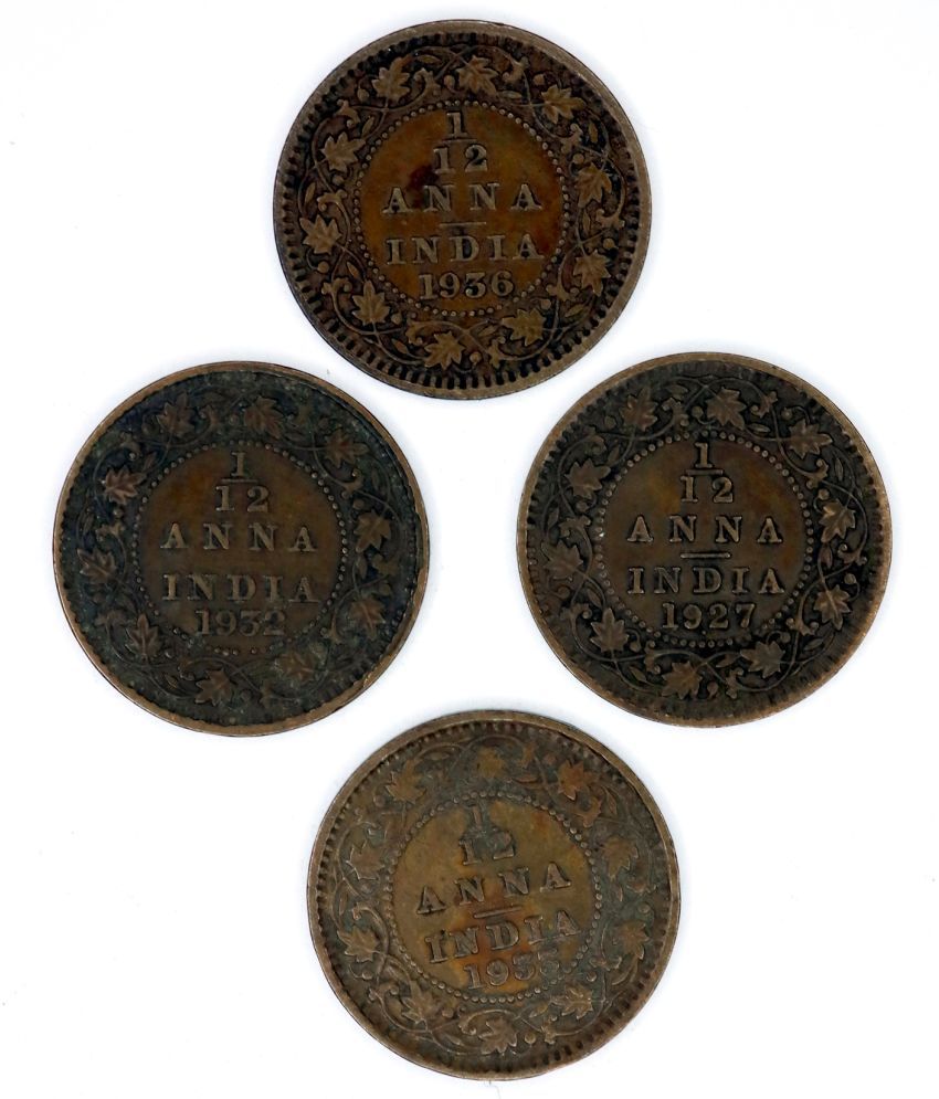     			British India Set of 4 Coins of 1/12 Anna George V - Collectible Item for Students and Coin Collectors