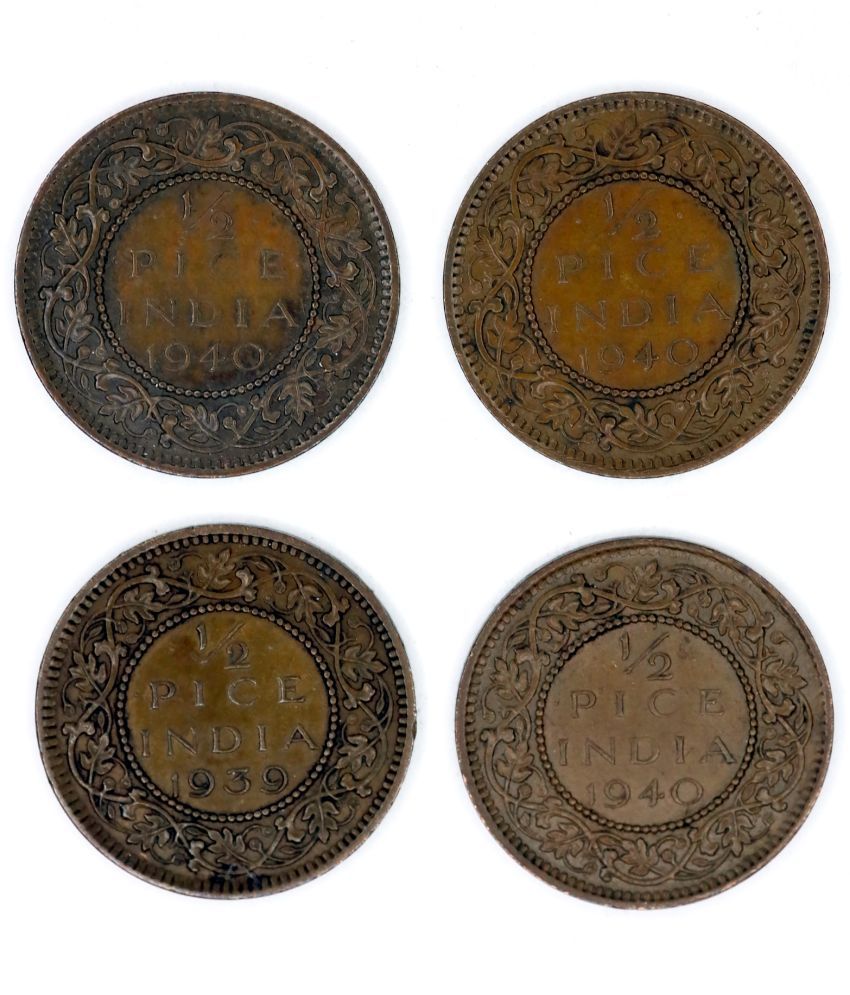     			British India Set of 4 Coins of 1/2 Pice George VI Bronze - Collectible Item for Students and Coin Collectors