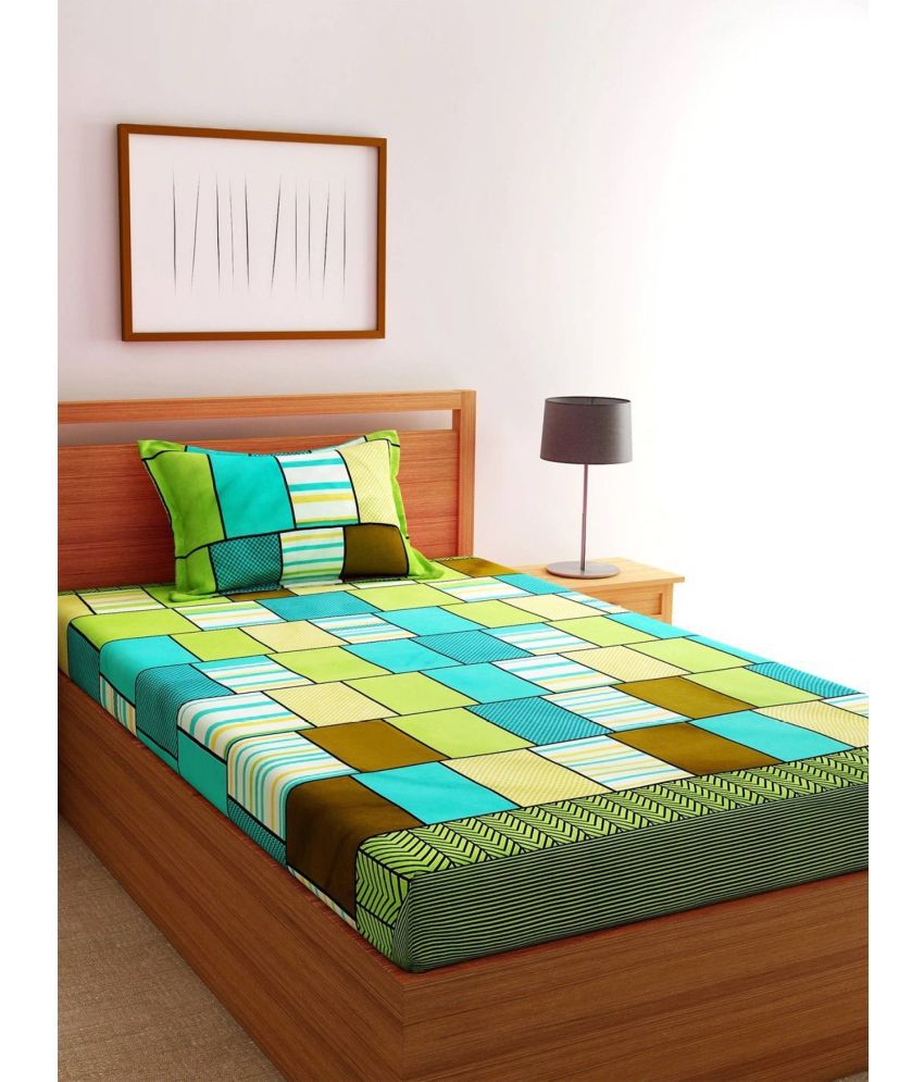     			Exopick Poly Cotton Geometric 1 Single Bedsheet with 1 Pillow Cover - Green