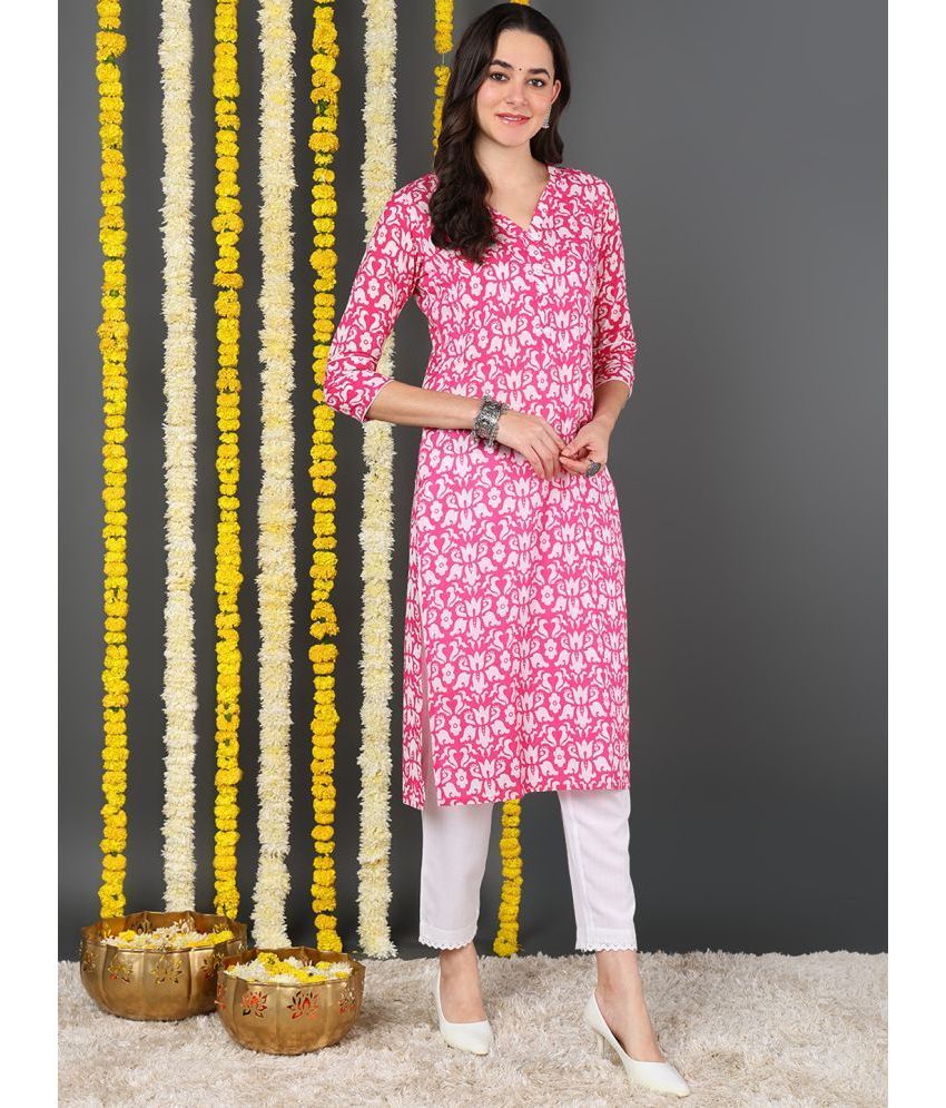     			Vaamsi Cotton Printed Straight Women's Kurti - Pink ( Pack of 1 )