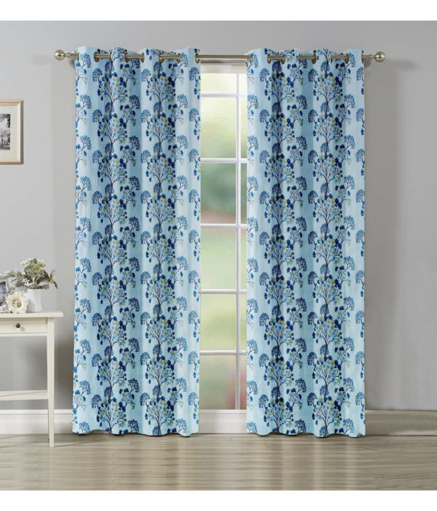     			WACO CREATION Floral Printed Semi-Transparent Eyelet Curtain 9 ft ( Pack of 2 ) - Blue