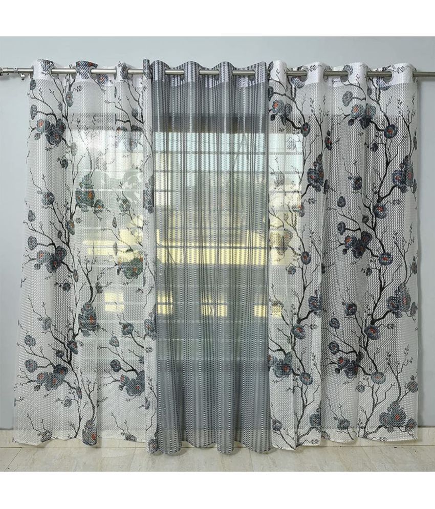     			WACO CREATION Floral Printed Transparent Eyelet Curtain 5 ft ( Pack of 3 ) - Light Grey