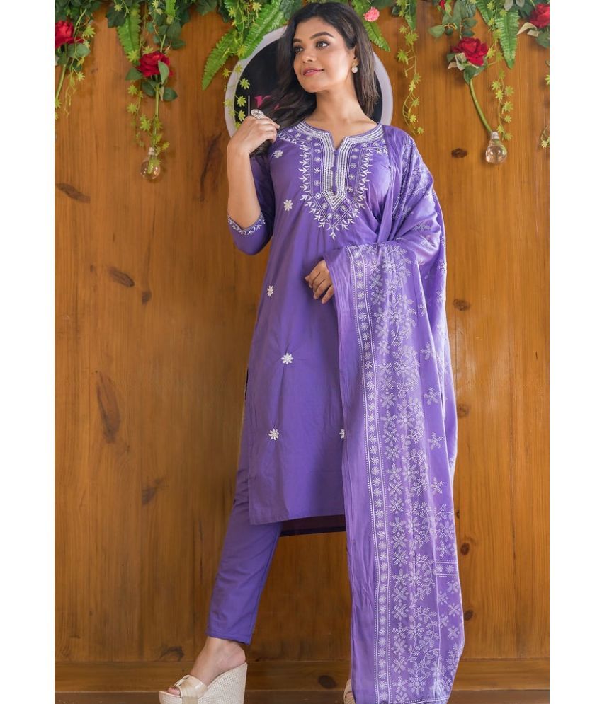     			SAREEKART FAB Cotton Embroidered Kurti With Pants Women's Stitched Salwar Suit - Lavender ( Pack of 1 )