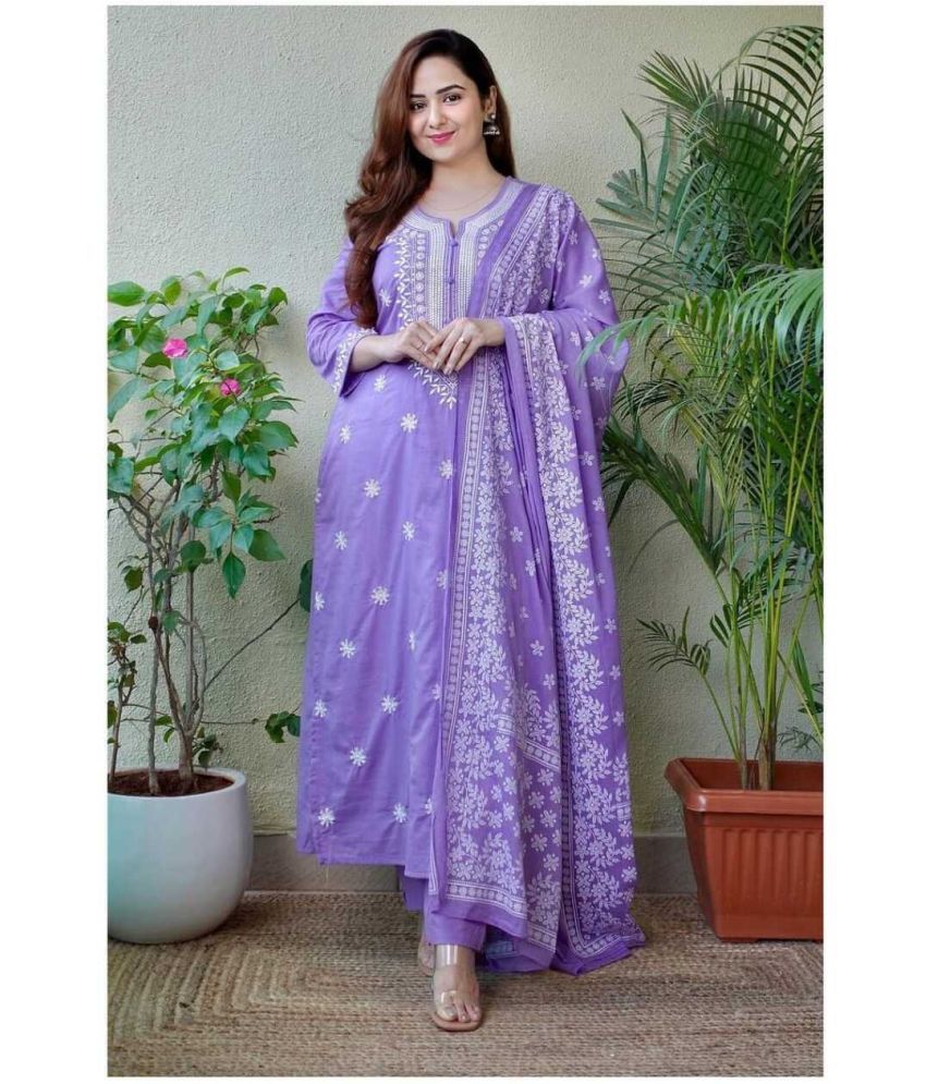     			SAREEKART FAB Cotton Embroidered Kurti With Pants Women's Stitched Salwar Suit - Lavender ( Pack of 1 )