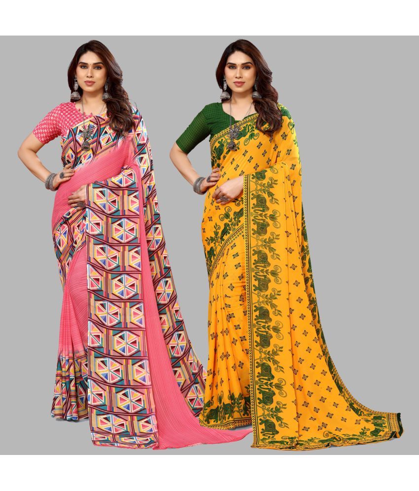     			Kashvi Sarees Georgette Printed Saree With Blouse Piece - Multicolour ( Pack of 2 )