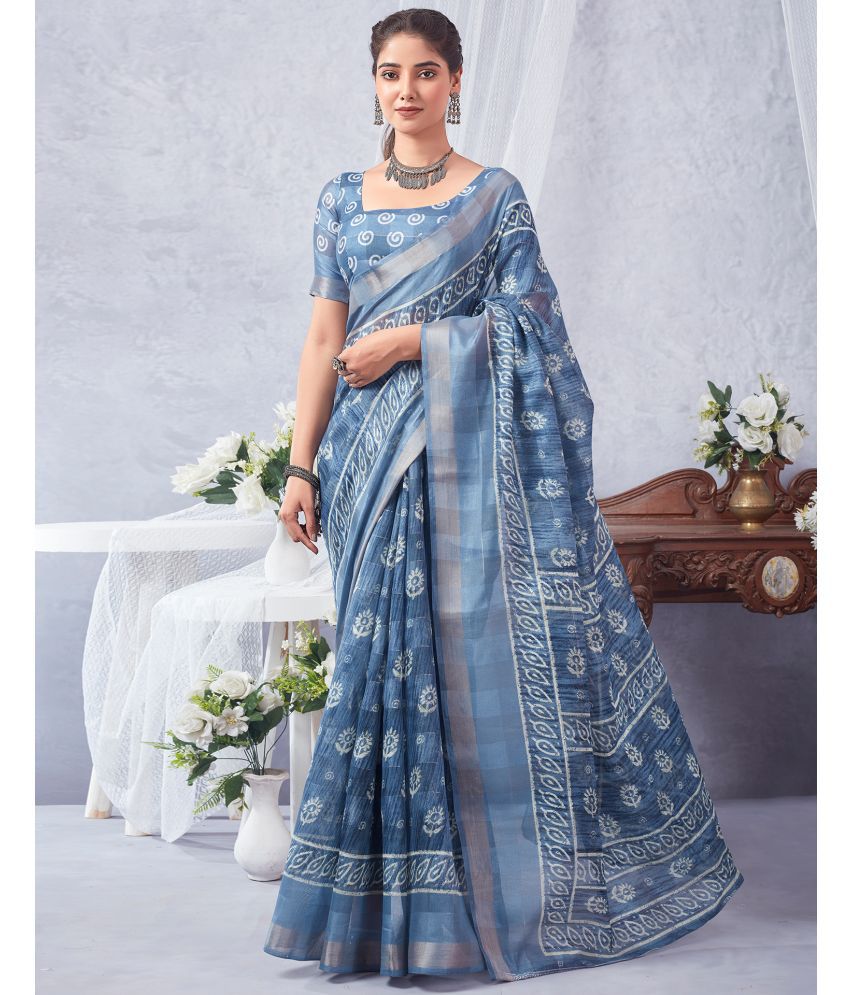     			Samah Cotton Blend Printed Saree With Blouse Piece - Blue ( Pack of 1 )
