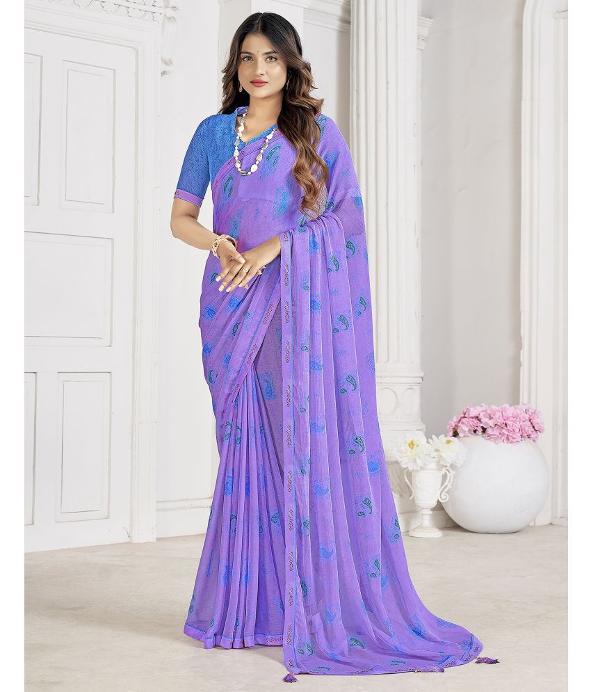     			Satrani Chiffon Printed Saree With Blouse Piece - Lavender ( Pack of 1 )