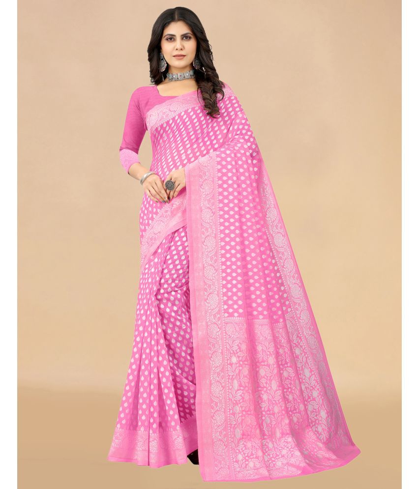     			Satrani Cotton Blend Self Design Saree With Blouse Piece - Pink ( Pack of 1 )