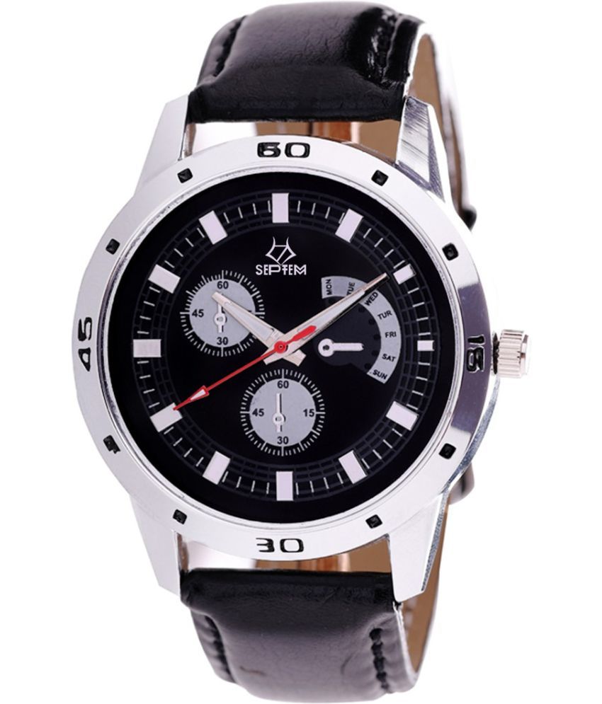     			Septem Black Leather Analog Men's Watch