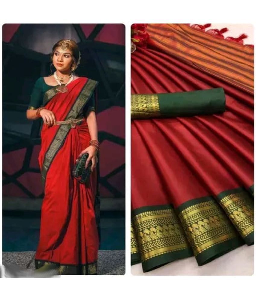     			KanjiQueen Cotton Silk Self Design Saree With Blouse Piece - Red ( Pack of 1 )