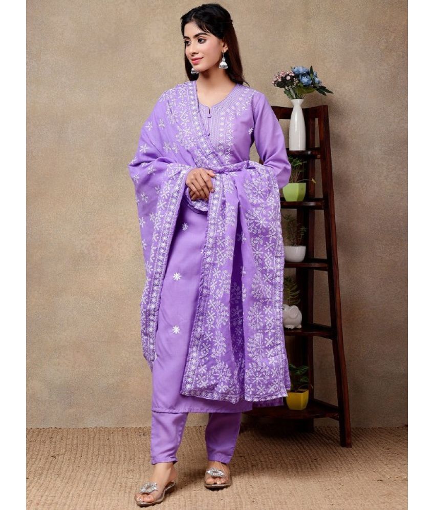     			SAREEKART FAB Cotton Embroidered Kurti With Pants Women's Stitched Salwar Suit - Lavender ( Pack of 1 )