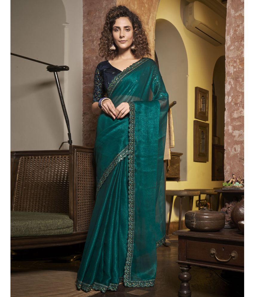     			Satrani Chiffon Embellished Saree With Blouse Piece - Rama ( Pack of 1 )