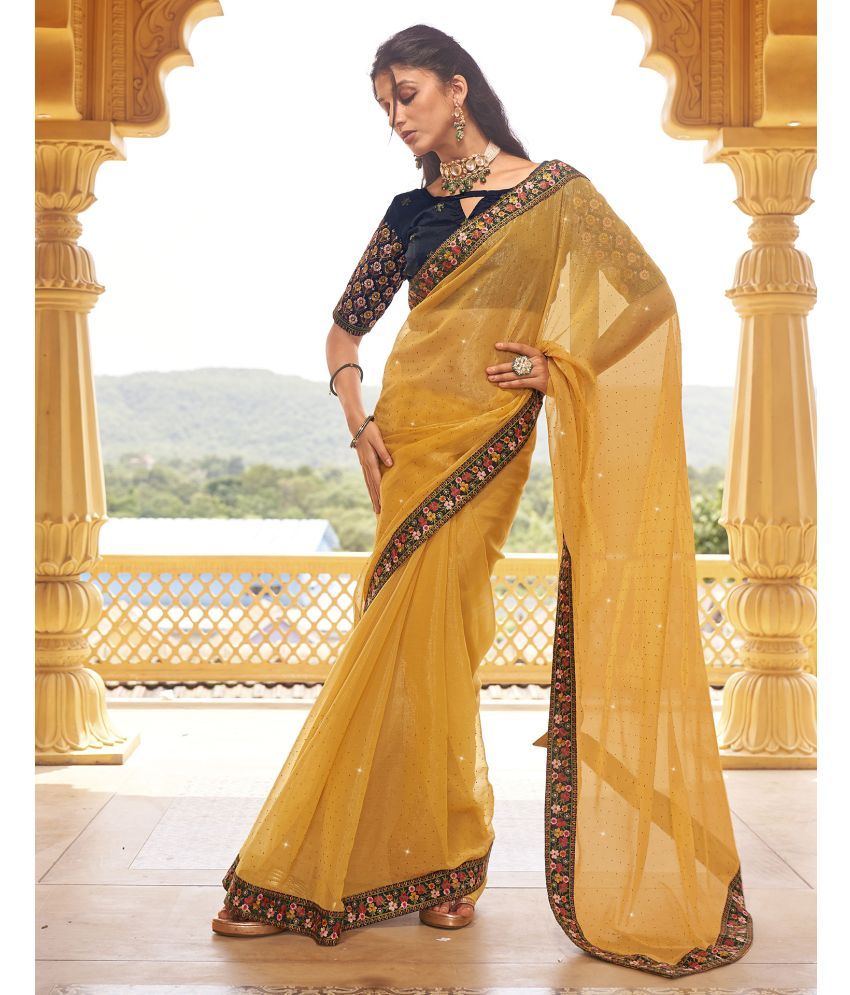     			Satrani Chiffon Embellished Saree With Blouse Piece - Yellow ( Pack of 1 )