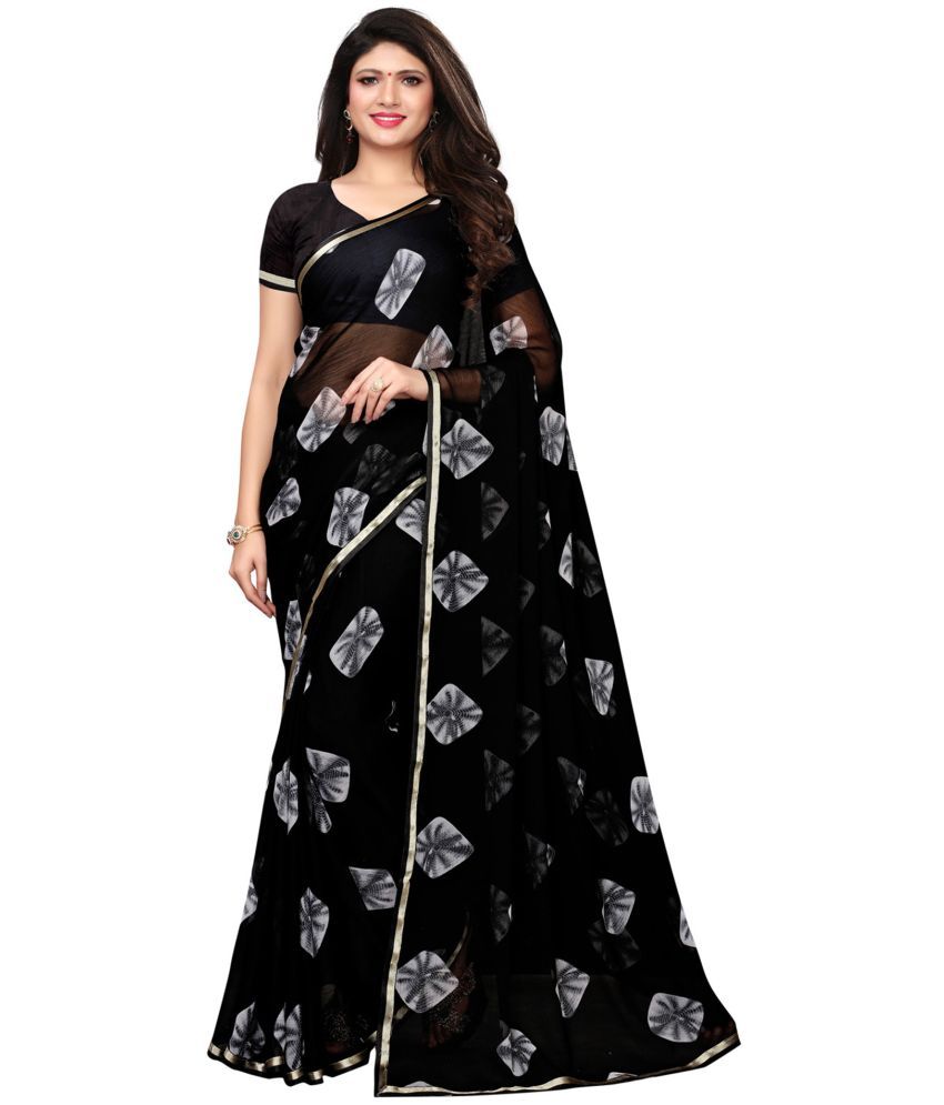     			Satrani Chiffon Printed Saree With Blouse Piece - Black ( Pack of 1 )