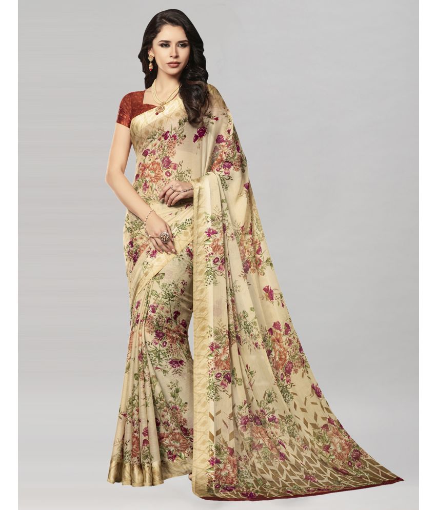     			Satrani Chiffon Printed Saree With Blouse Piece - Cream ( Pack of 1 )